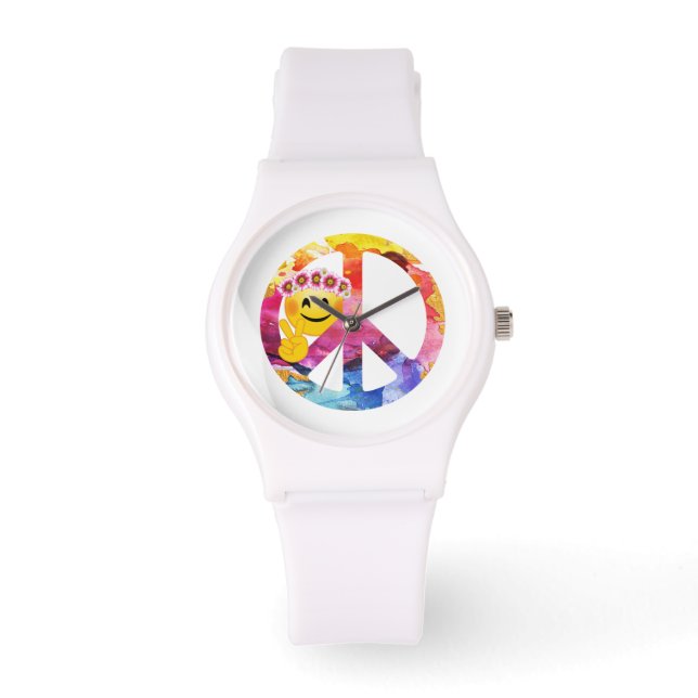 Vredesbord, Hippie Emoticon Waterverf Kunst Horloge (Voorkant)