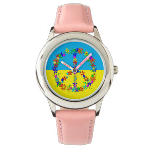 Vredesbord met bloemen, oekraïense vlag, wat horloge