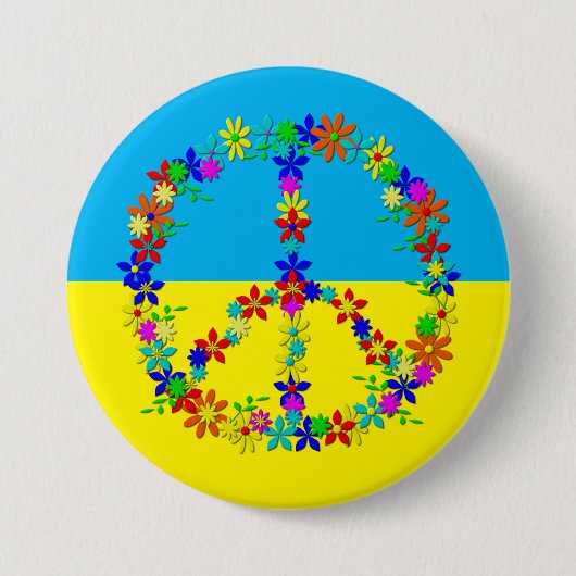 Vredesbord met bloemen, oekraïnse vlag ronde button 7,6 cm (Voorkant)
