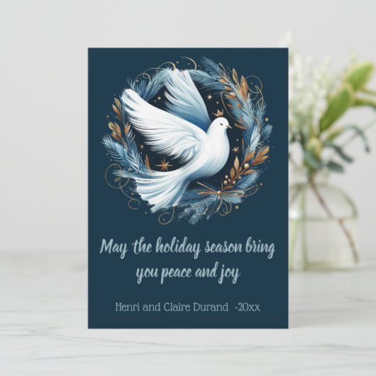Vredesduif binnen krans van blauwe bladeren feestdagenkaart (Staand voorkant)