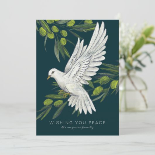 Vredesduif en olijftakken feestdagenkaart (Staand voorkant)