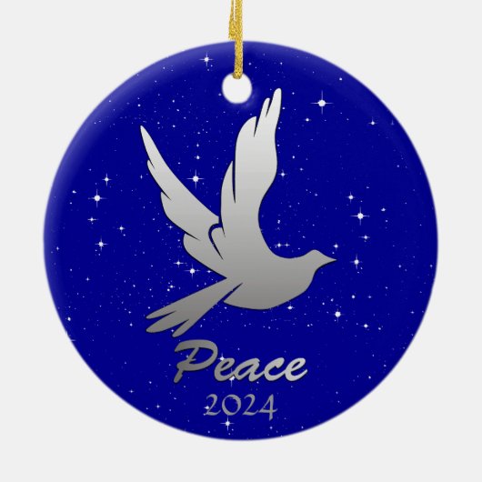 Vredesduif in zilvergrijs tegen een sterrenhemel keramisch ornament (Achterkant)