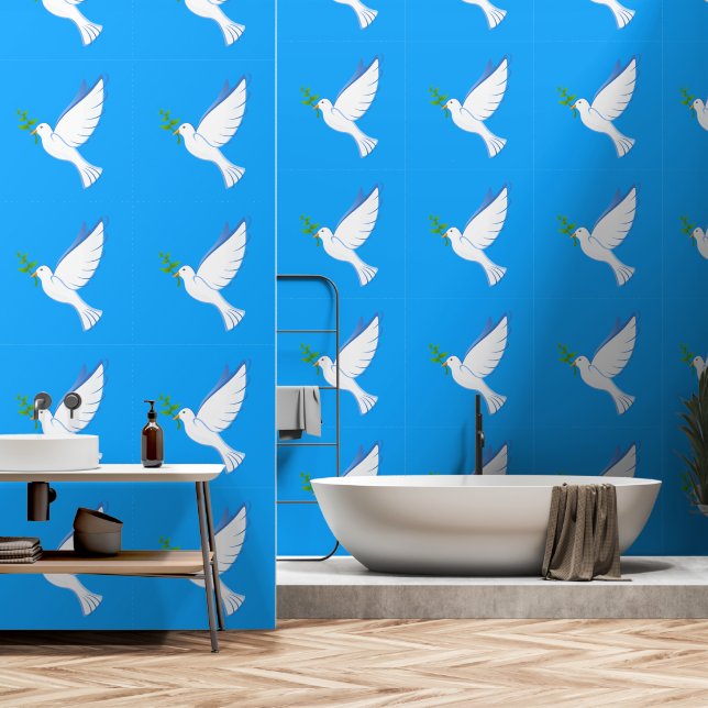 Vredesduif met olijftak op Blue Sky Behang (Badkamer)