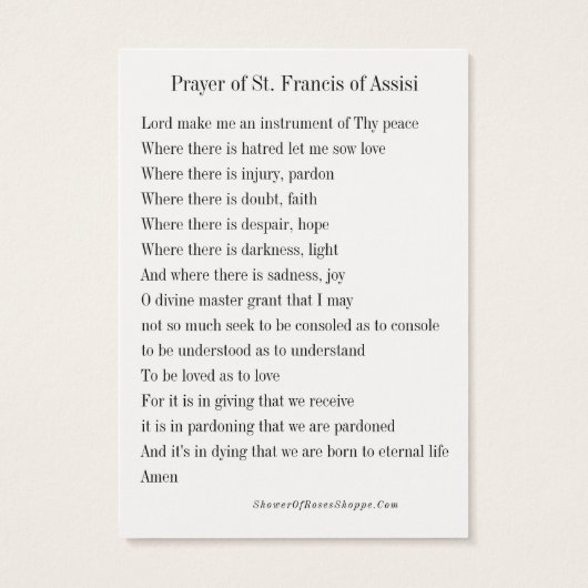 Vredesgebed St. Francis Prayer Kaart (Achterkant)