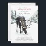 Vredesgedicht met eland in winterse sneeuw feestdagenkaart<br><div class="desc">Deel dit vakantieseizoen een vredig moment met deze platte kaart met een rustige winterscène en een origineel gedicht. Een eland loopt een besneeuwd pad door de bossen, wat de stilte van de natuur en de rust die de winter brengt oproept. De voorste boodschap luidt: "Wens je vrede dit vakantieseizoen", gecombineerd...</div>