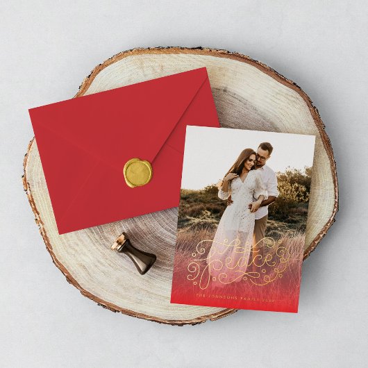 Vredeshandschrift rood folie feestdagenkaart