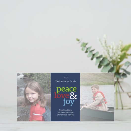 Vredesliefde en vrede met blauw rood en groen feestdagenkaart (Staand voorkant)