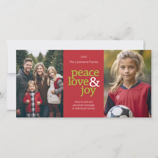 Vredesliefde en vreugde - 2 foto's rood en groen feestdagenkaart (Voorkant)