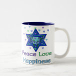 Vredesliefdesgeluk Tweekleurige Koffiemok<br><div class="desc">Kunst,  ster van David,  en de woorden "Vredesliefhebbendheid" zijn een mooie manier om Happy Hanukkah te zeggen.</div>