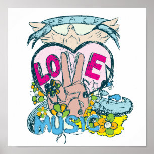 vredesliefdesmuziek retro hippie vectorkunst poster