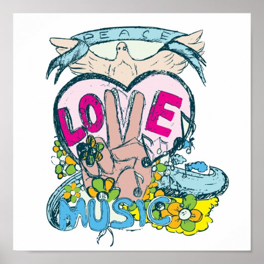 vredesliefdesmuziek retro hippie vectorkunst poster (Voorkant)
