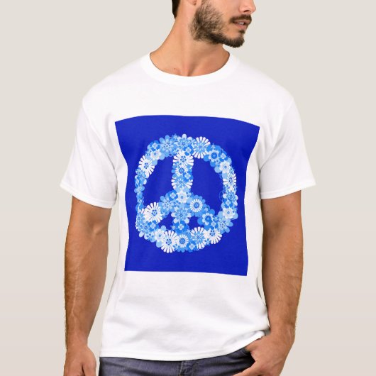 Vredeslog in blauw t-shirt (Voorkant)