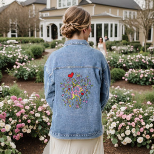 Vredessymbool doodle met bloemen en harten denim jacket