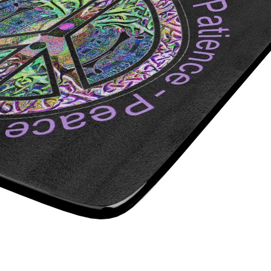 Vredessymbool met levensboom en positieve woorden snijplank (Hoek)