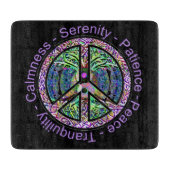 Vredessymbool met levensboom en positieve woorden snijplank (Voorkant)