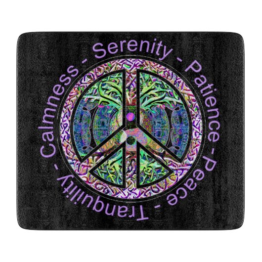 Vredessymbool met levensboom en positieve woorden snijplank (Voorkant)