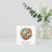 *~* Vredesteken AP57 Boho QR Retro  Flowers Vierkante Visitekaartje (Staand voorkant)