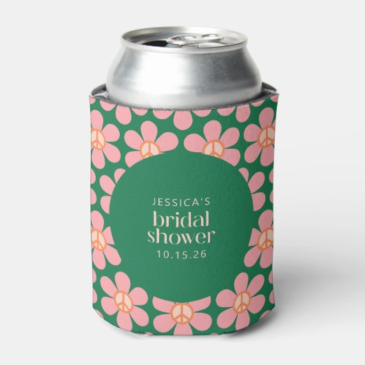 Vredesteken Bloem Groen Roze Aangepaste Bruiloftsd Blikjeskoeler (Blikje Voorkant)