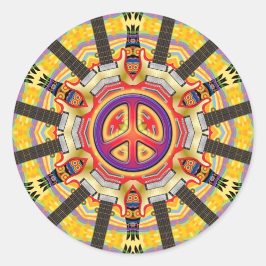 VREDESTEKEN EN GITAREN RONDE STICKER (Voorkant)