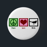 VredesTortelduifjes Ronde Button 5,7 Cm<br><div class="desc">Vogels zijn een prachtig geschenk van natuur. Deze  knop heeft een groen vredesteken,  een rood hart en een zwarte vogelsilhoutte die op een vierkant zit. Een schattig kerstcadeautje voor een vogelwaakster om te bevallen.</div>