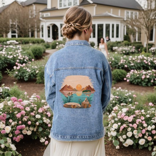 Vredig bergmeer zonsondergang landschap denim jacket (Huwelijk Achterkant)