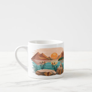 Vredig bergmeer zonsondergang landschap espresso kop
