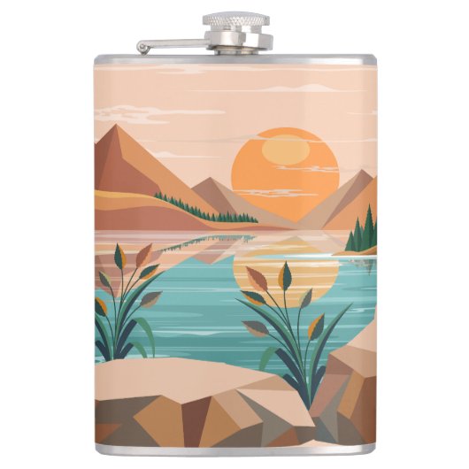 Vredig bergmeer zonsondergang landschap heupfles (Voorkant)