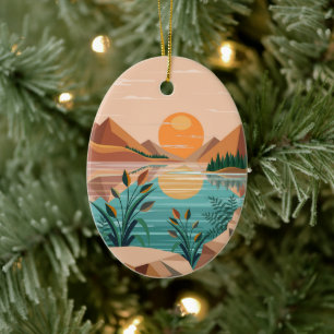 Vredig bergmeer zonsondergang landschap keramisch ornament