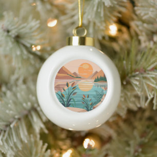 Vredig bergmeer zonsondergang landschap keramische bal ornament