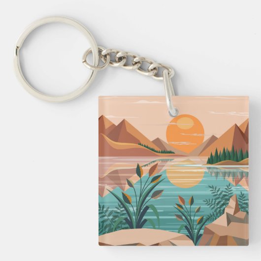 Vredig bergmeer zonsondergang landschap sleutelhanger (voorkant)
