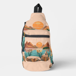 Vredig bergmeer zonsondergang landschap sling bag