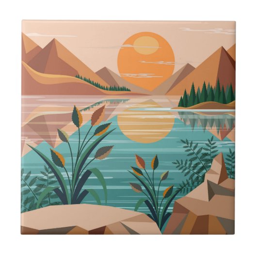 Vredig bergmeer zonsondergang landschap tegeltje (Voorkant)