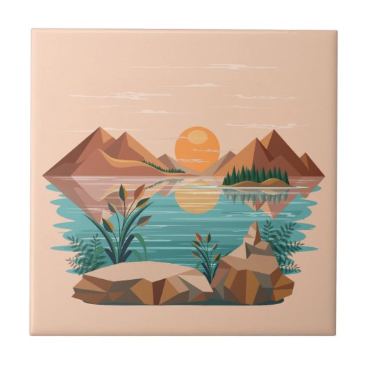 Vredig bergmeer zonsondergang landschap tegeltje (Voorkant)