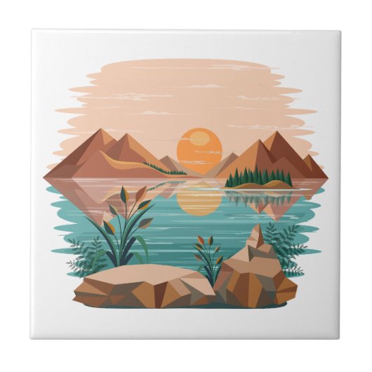 Vredig bergmeer zonsondergang landschap tegeltje (Voorkant)