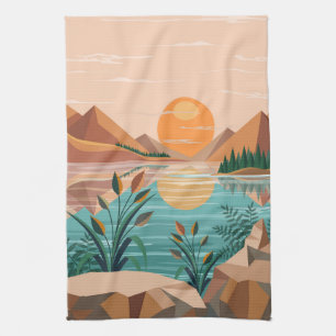 Vredig bergmeer zonsondergang landschap theedoek