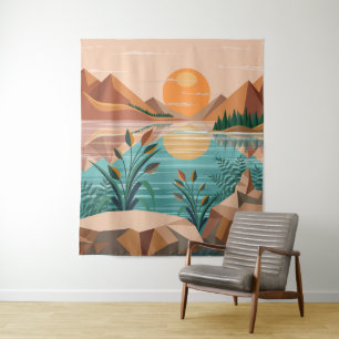 Vredig bergmeer zonsondergang landschap wandkleed