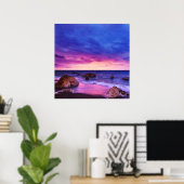 Vredige Beach Sunset met rotsen en bewolkte lucht Poster (Thuiskantoor)