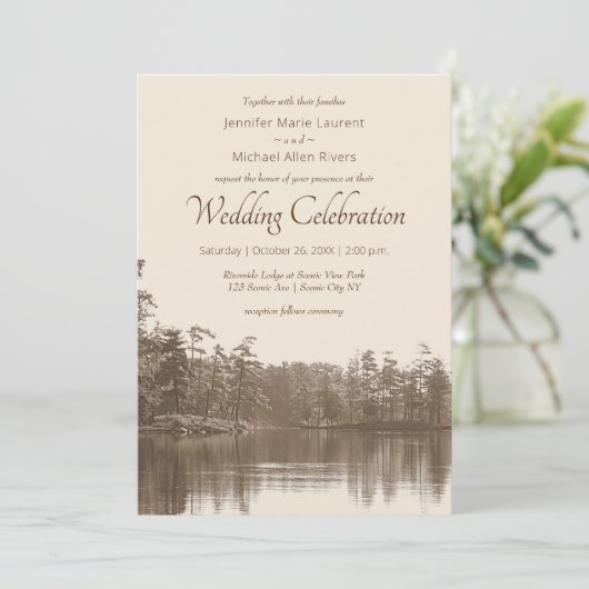 Vredige bergmeerlandschap antiek bruiloft kaart (Staand voorkant)