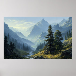 Vredige besneeuwde berg- en meereflectie poster