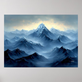 Vredige Blauwe Bergtoppen in Abstracte Olie stijl Poster