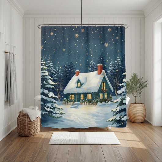 Vredige blokhut Kerstmis douchegordijn