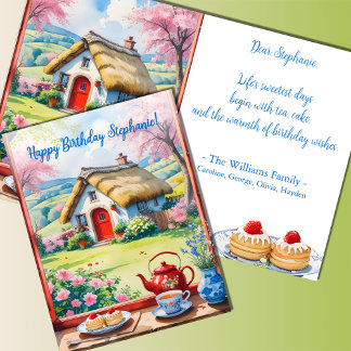 Vredige Cottage Uitzicht Bloemen Theecakes Verjaar Kaart