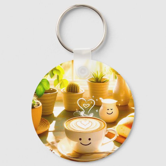 Vredige en hartverwarmende cappuccino-ochtend sleutelhanger (Voorkant)