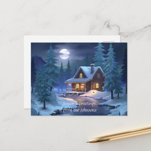 Vredige hut in winterbos briefkaart (Voorkant / Achterkant in situ)