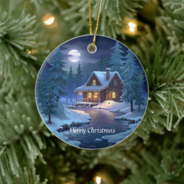Vredige hut in winterbos keramisch ornament