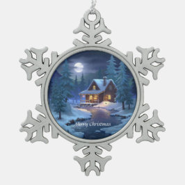 Vredige hut in winterbos tin sneeuwvlok ornament