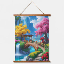 Vredige Japanse Zen Tuin Waterval Hangend Wandkleed