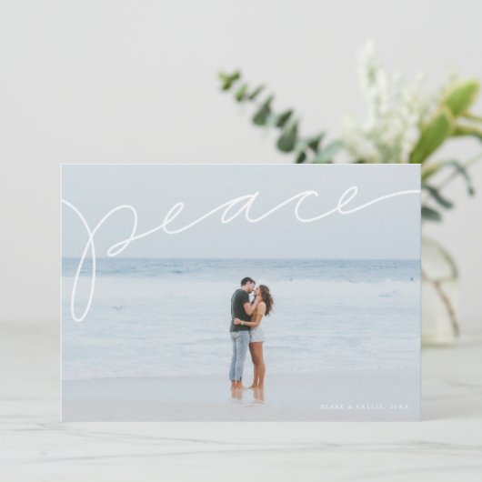 Vredige kerstkaart met handgeschreven tekst in een (Staand voorkant)