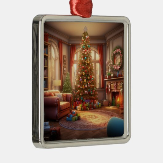 VREDIGE KERSTMORGEN MET BOOM EN CADEAUS METALEN ORNAMENT (Rechts)