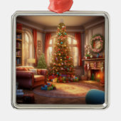 VREDIGE KERSTMORGEN MET BOOM EN CADEAUS METALEN ORNAMENT (Voorkant)